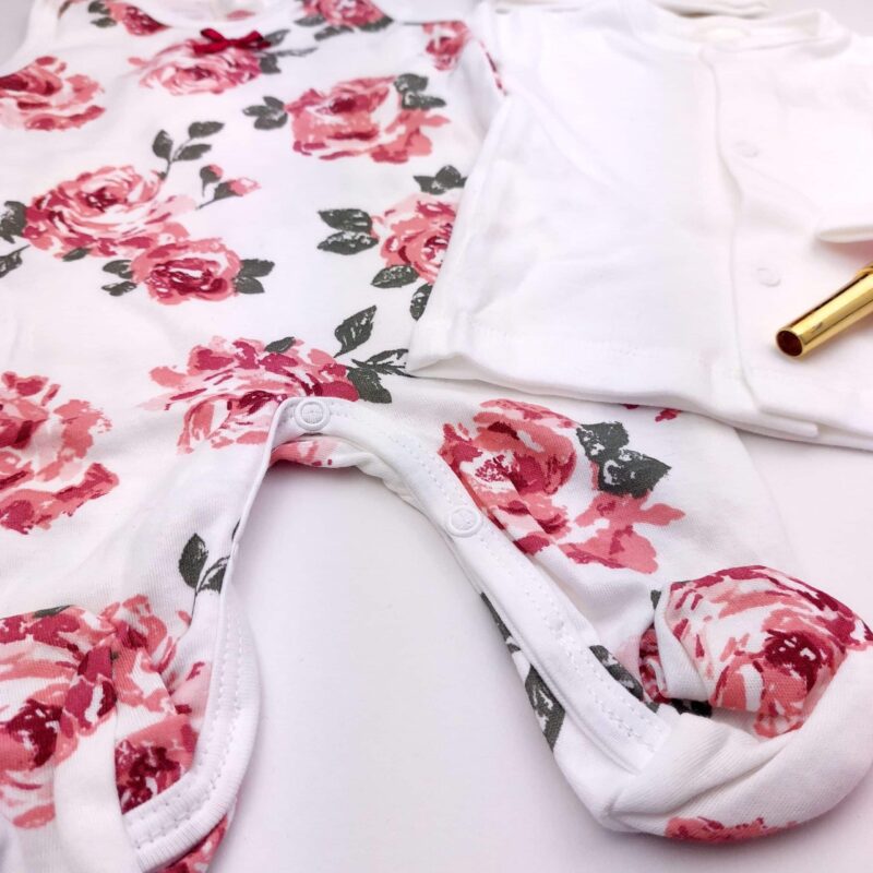 Alternative view of Baby Girl 3-Pieces Roses Clothing Set | Dungaree with Top and Hat, White, Rose Pink, Cotton, Sizes: 0-6 M